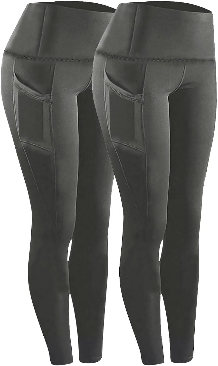 2 Pack Leggings with Pockets for Women High Waist Yoga Pants Tummy Control 4 Way Stretch Running Workout Leggings