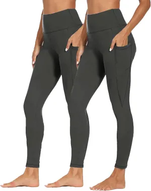 2 Pack Leggings with Pockets for Women High Waist Yoga Pants Tummy Control 4 Way Stretch Running Workout Leggings