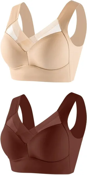 2 Pack Sports Bras for Women Wirefree Sheer Mesh Panel Supportive Stretch Straps Comfortable Stylish Soft Bralettes