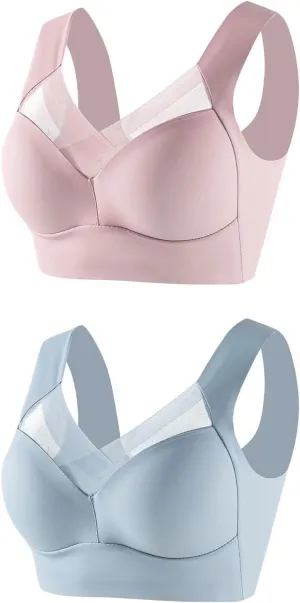 2 Pack Sports Bras for Women Wirefree Sheer Mesh Panel Supportive Stretch Straps Comfortable Stylish Soft Bralettes