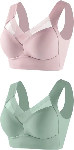 2 Pack Sports Bras for Women Wirefree Sheer Mesh Panel Supportive Stretch Straps Comfortable Stylish Soft Bralettes