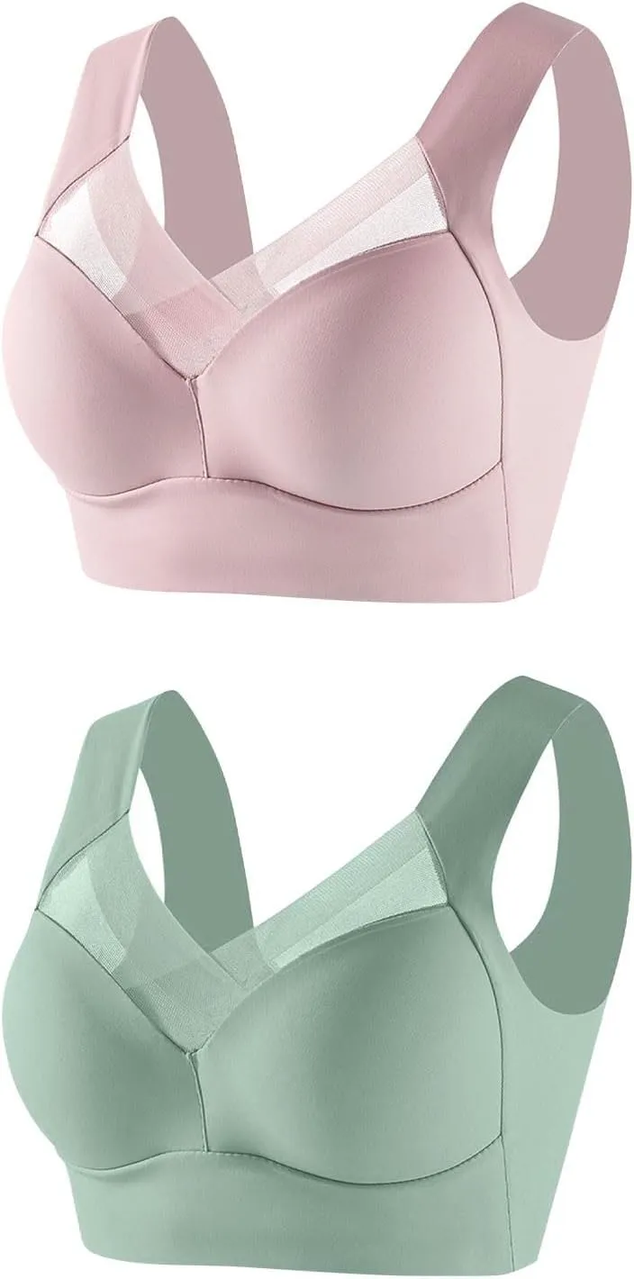 2 Pack Sports Bras for Women Wirefree Sheer Mesh Panel Supportive Stretch Straps Comfortable Stylish Soft Bralettes