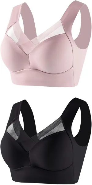 2 Pack Sports Bras for Women Wirefree Sheer Mesh Panel Supportive Stretch Straps Comfortable Stylish Soft Bralettes
