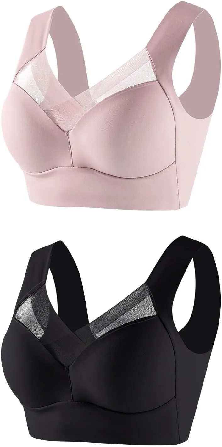 2 Pack Sports Bras for Women Wirefree Sheer Mesh Panel Supportive Stretch Straps Comfortable Stylish Soft Bralettes