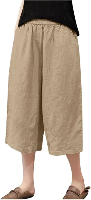 2025 Cotton Linen Capri Pants Women Casual Solid Loose Elastic Waist Capris Comfy Lightweight Summer Pull-on Trousers