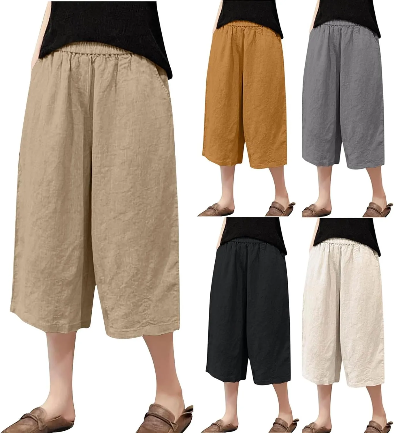 2025 Cotton Linen Capri Pants Women Casual Solid Loose Elastic Waist Capris Comfy Lightweight Summer Pull-on Trousers