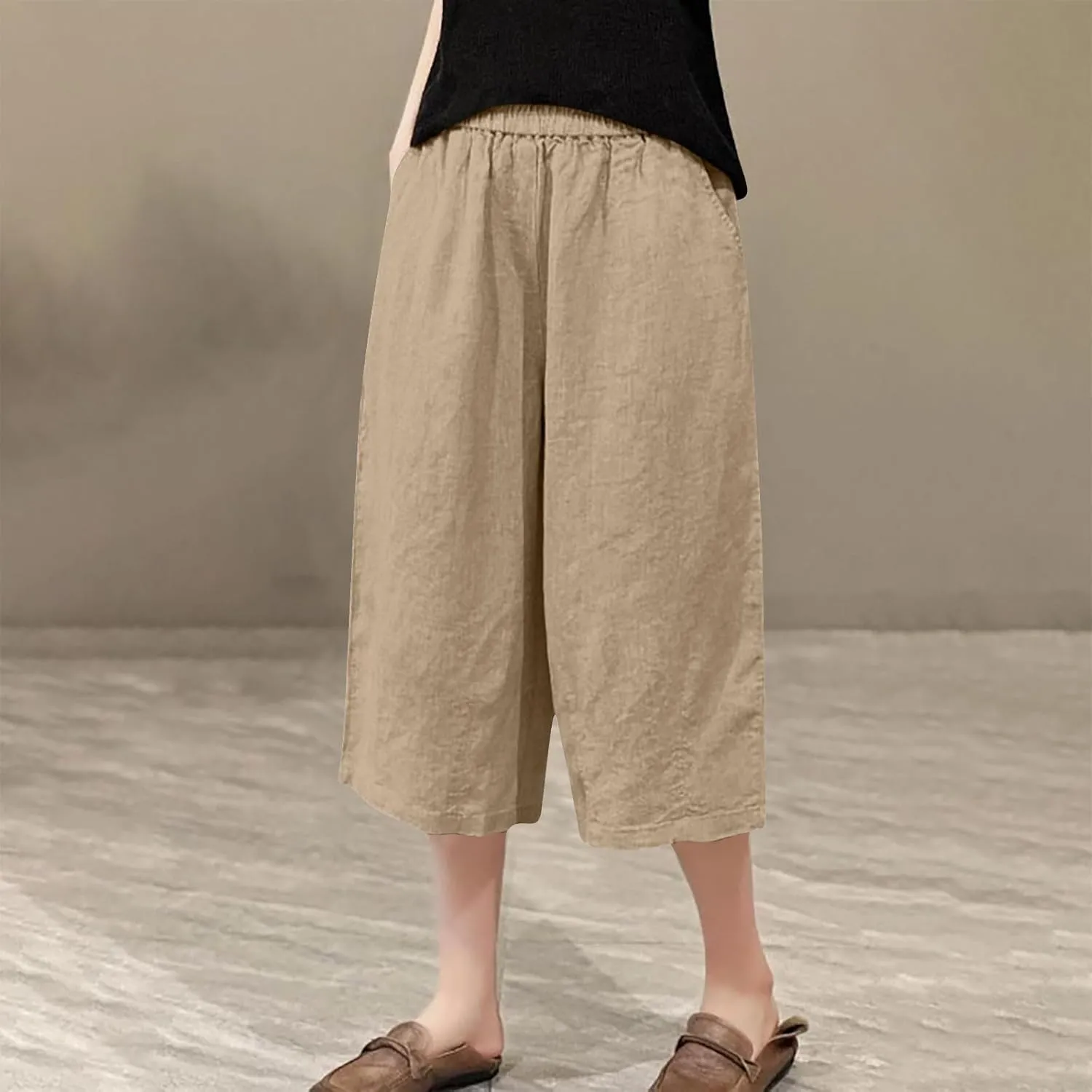 2025 Cotton Linen Capri Pants Women Casual Solid Loose Elastic Waist Capris Comfy Lightweight Summer Pull-on Trousers