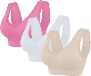 3-Pack Women Sports Bra Wireless Lace Bra Workout Yoga Bra U Back Tank Bralette Comfort Bras with Removable Pads