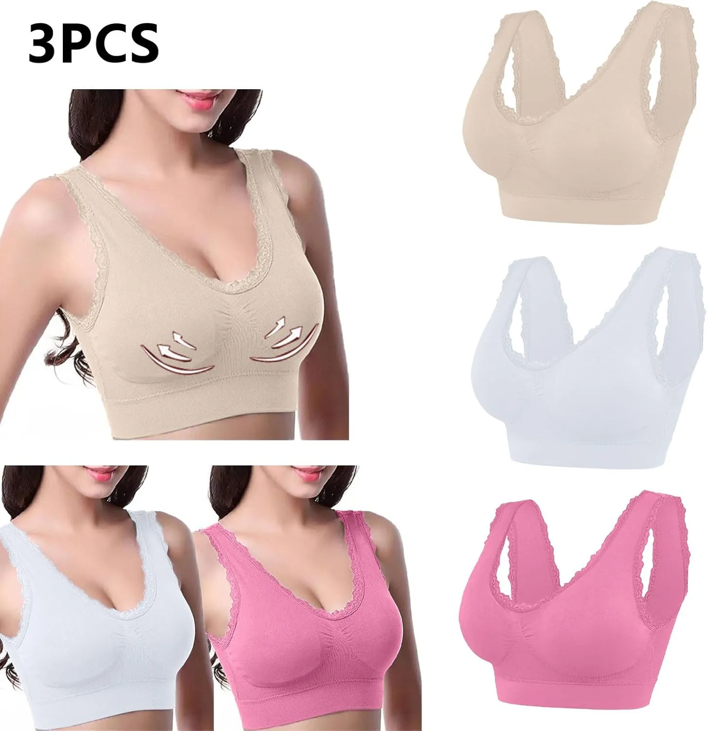 3-Pack Women Sports Bra Wireless Lace Bra Workout Yoga Bra U Back Tank Bralette Comfort Bras with Removable Pads