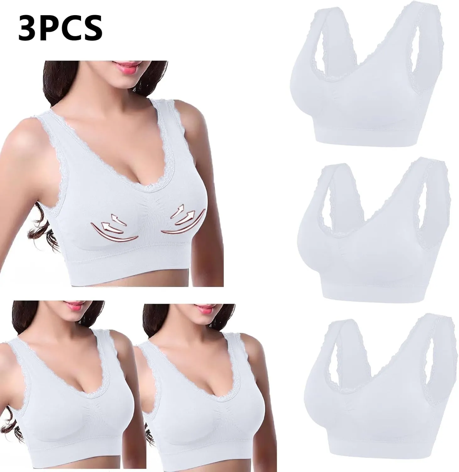 3-Pack Women Sports Bra Wireless Lace Bra Workout Yoga Bra U Back Tank Bralette Comfort Bras with Removable Pads