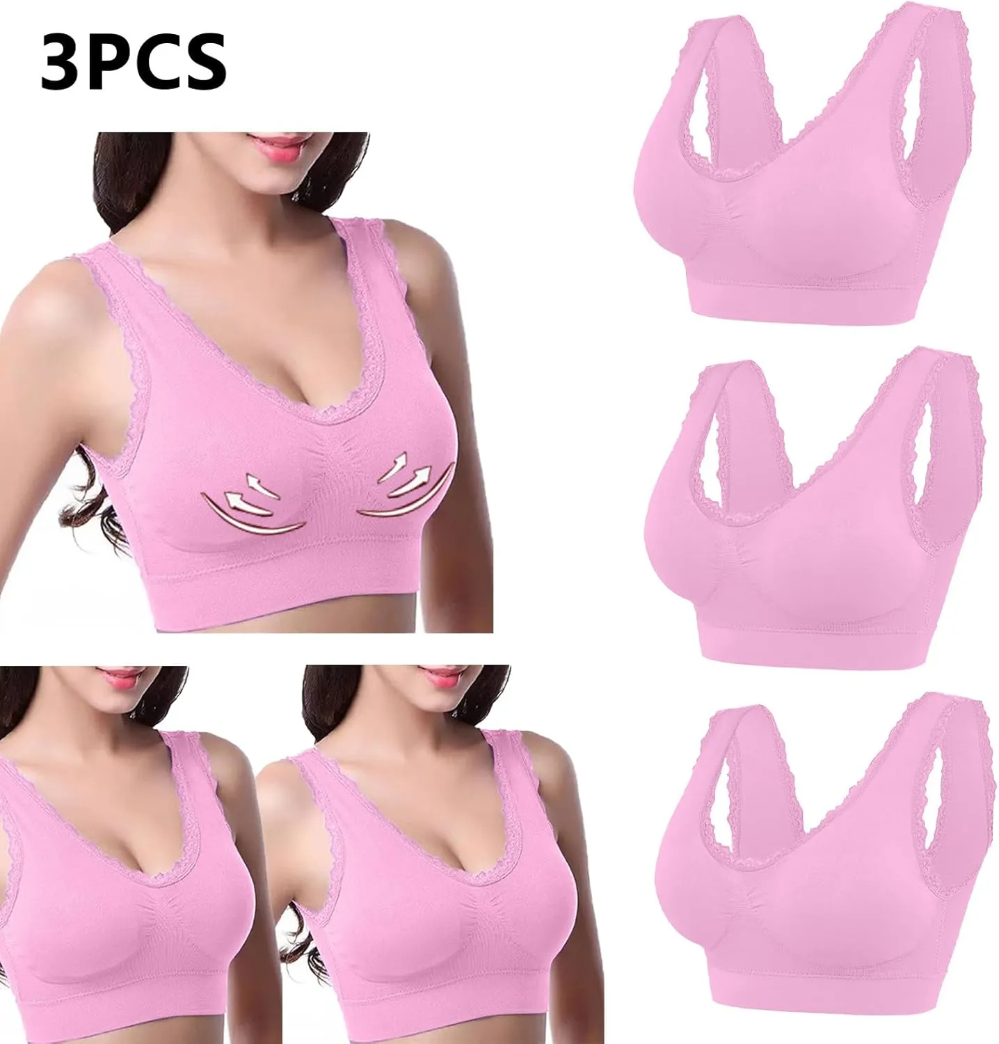 3-Pack Women Sports Bra Wireless Lace Bra Workout Yoga Bra U Back Tank Bralette Comfort Bras with Removable Pads