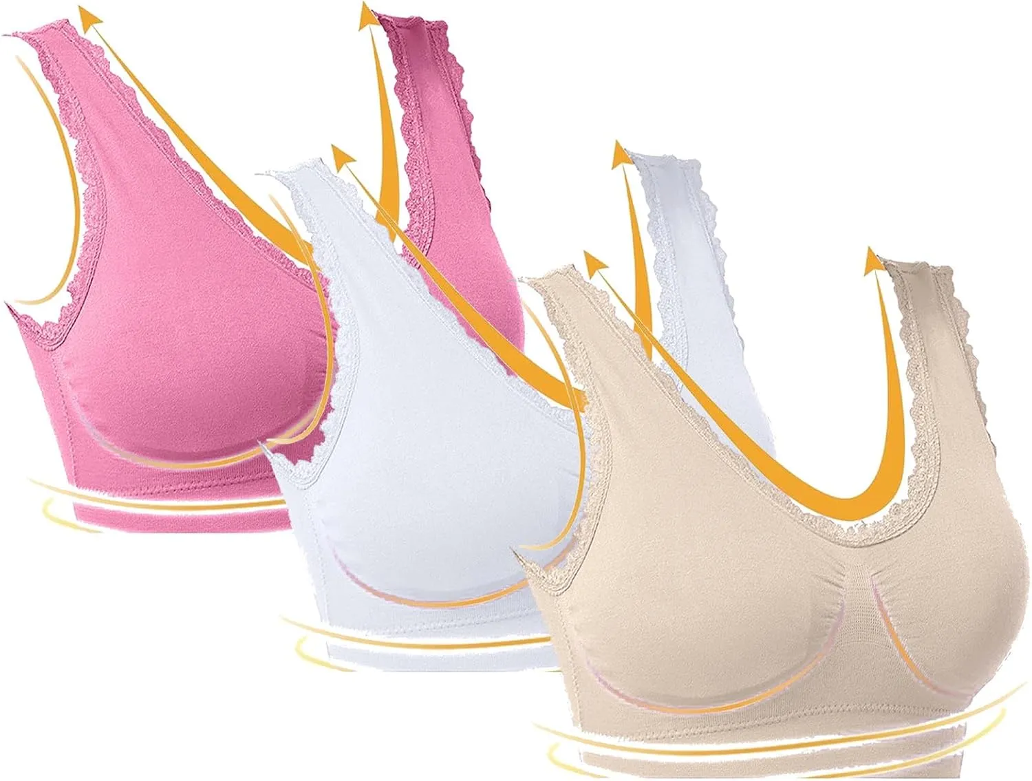 3-Pack Women Sports Bra Wireless Lace Bra Workout Yoga Bra U Back Tank Bralette Comfort Bras with Removable Pads