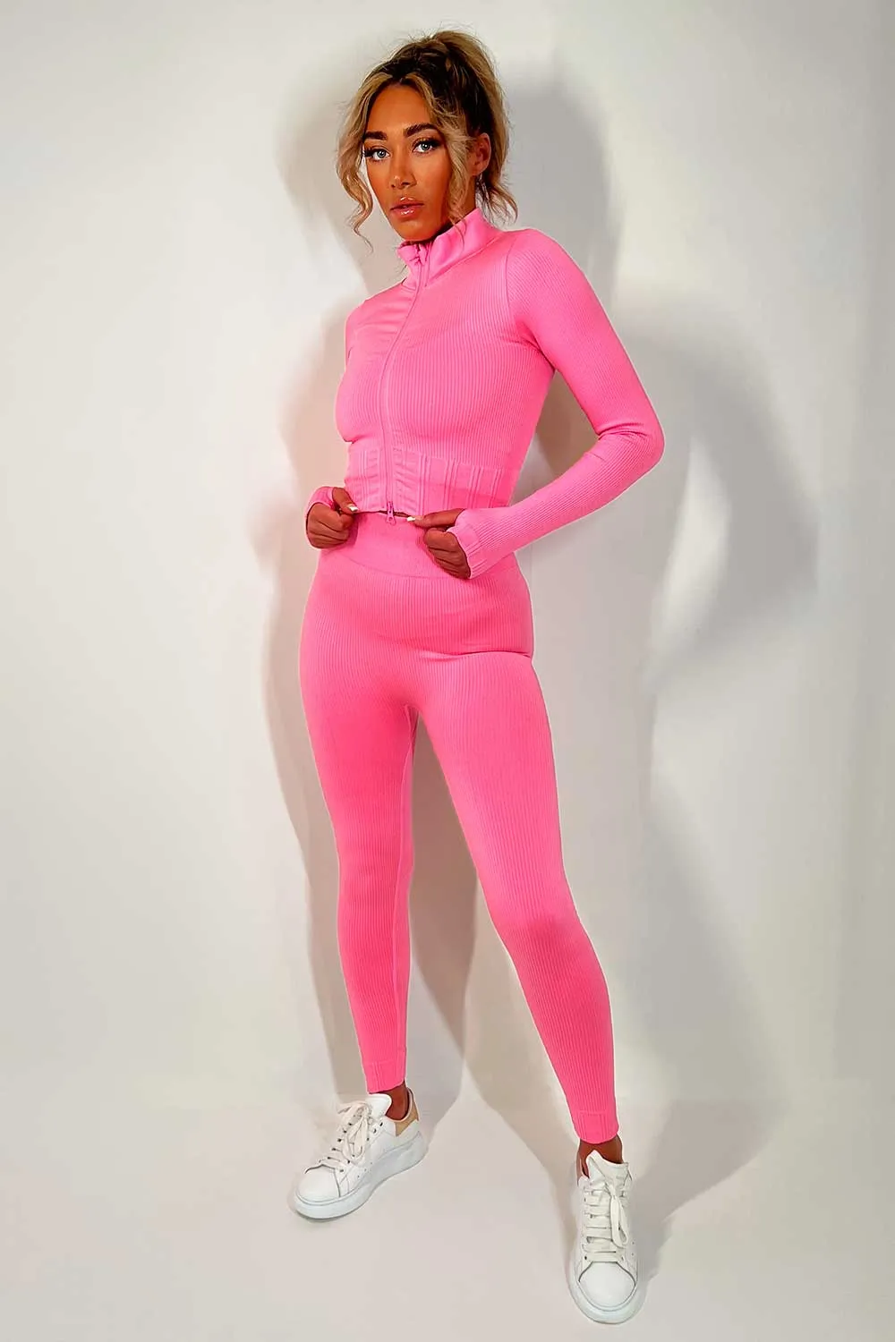 3 Piece Gym Set Ribbed Co Ord Pink