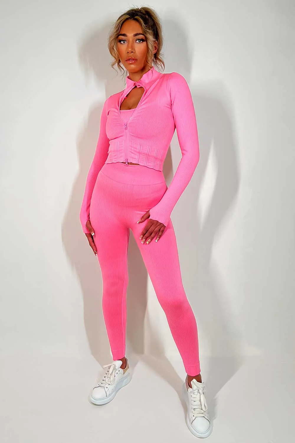 3 Piece Gym Set Ribbed Co Ord Pink