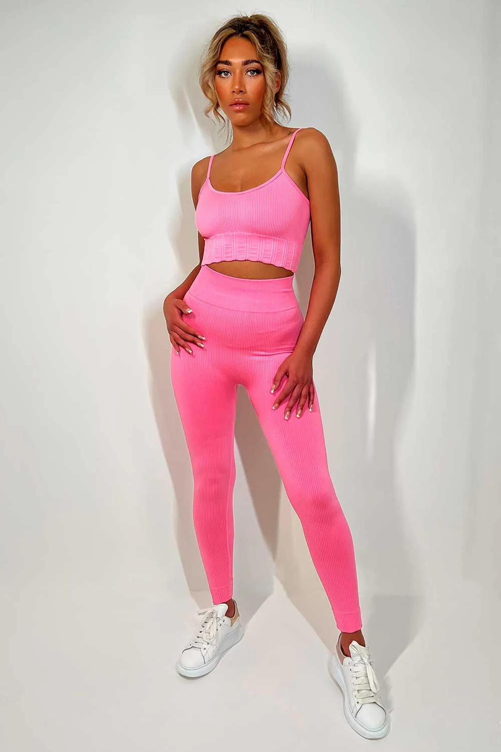 3 Piece Gym Set Ribbed Co Ord Pink