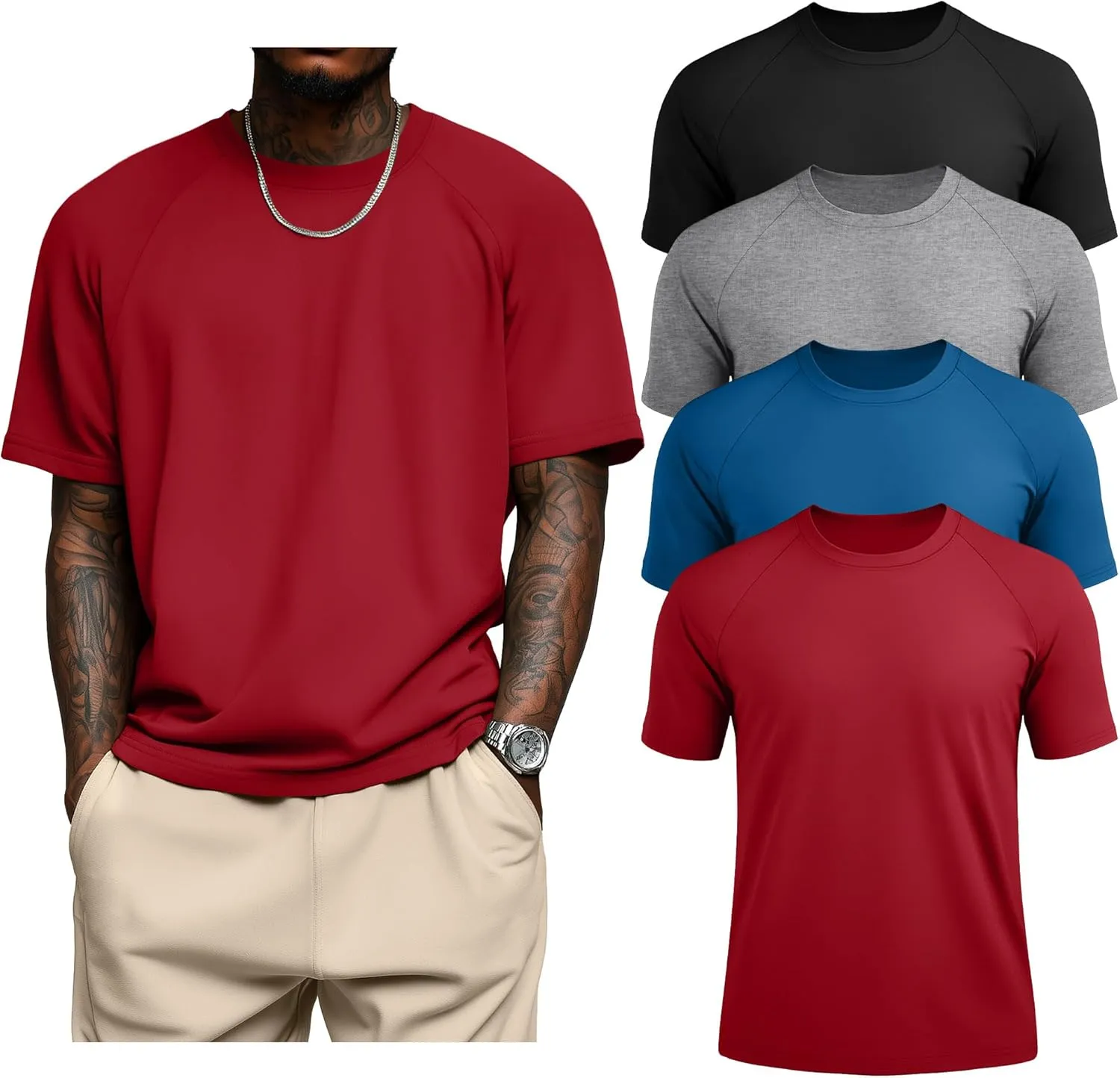 4 Pack Men's Big & Tall Short Sleeve Tees, Crew Neck Cotton Blend T-Shirts Moisture Wicking Stretch Casual Gym Wear