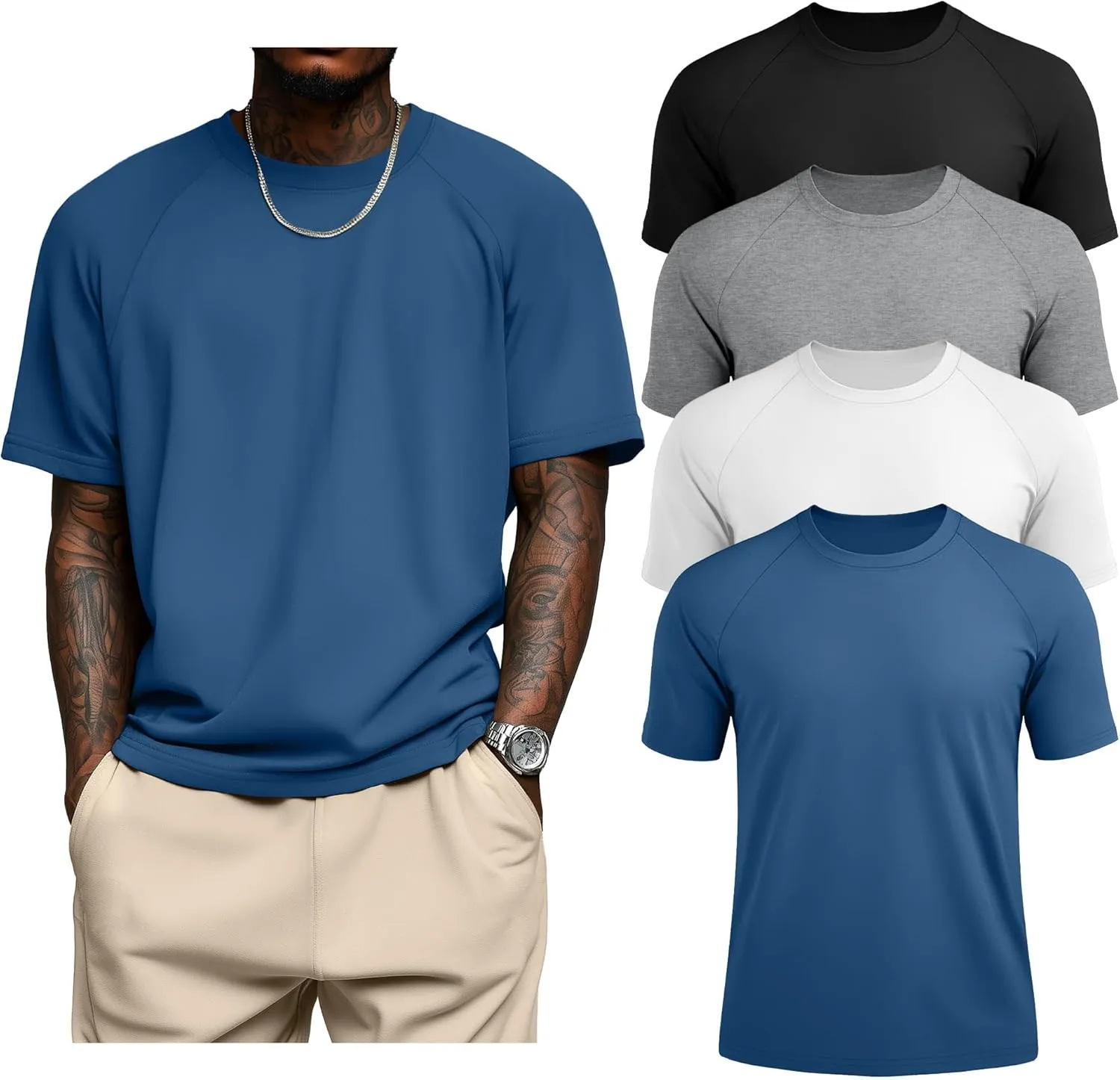 4 Pack Men's Big & Tall Short Sleeve Tees, Crew Neck Cotton Blend T-Shirts Moisture Wicking Stretch Casual Gym Wear