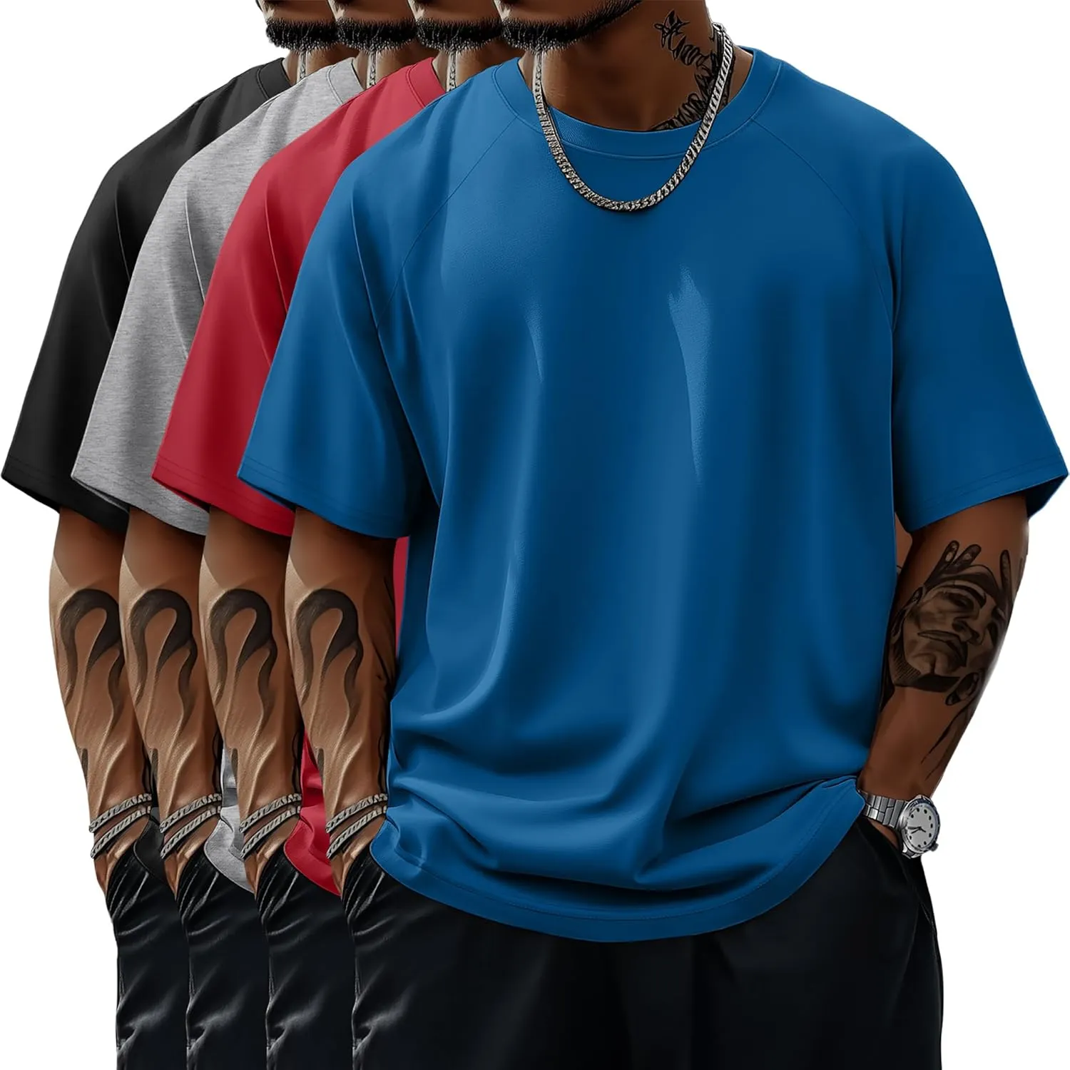 4 Pack Men's Big & Tall Short Sleeve Tees, Crew Neck Cotton Blend T-Shirts Moisture Wicking Stretch Casual Gym Wear
