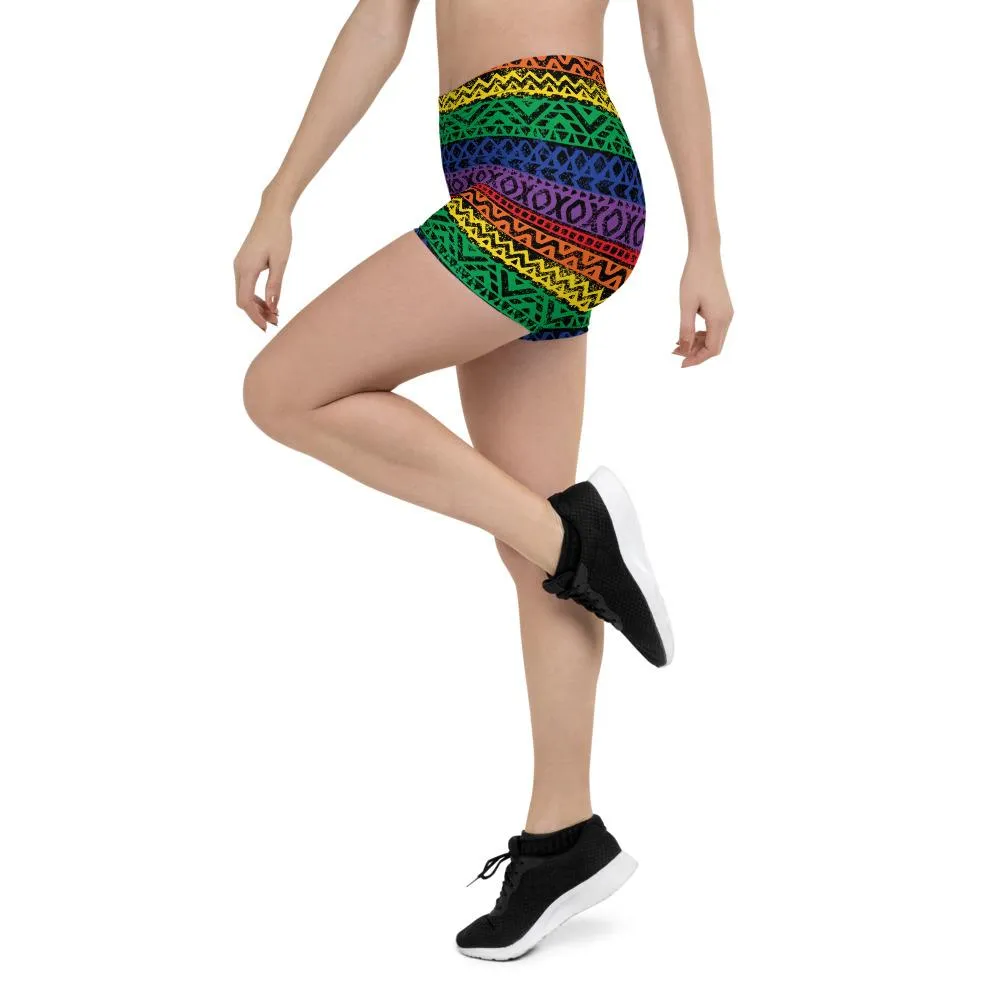 65 MCMLXV Women's LGBT Pride Rainbow Tribal Color Block Print Shorts