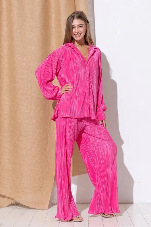 Accordion Pleat Button Blouse Pant Lounge Set Hot Pink