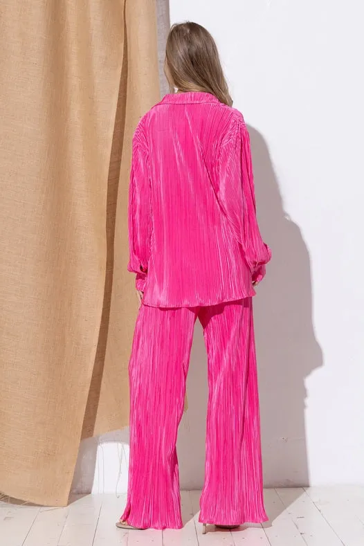Accordion Pleat Button Blouse Pant Lounge Set Hot Pink