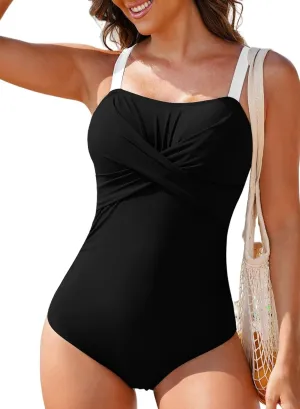 Aleumdr Women's One Piece Swimsuit Tummy Control Bathing Suit Crisscross Retro Ruched Push Up Swimwear
