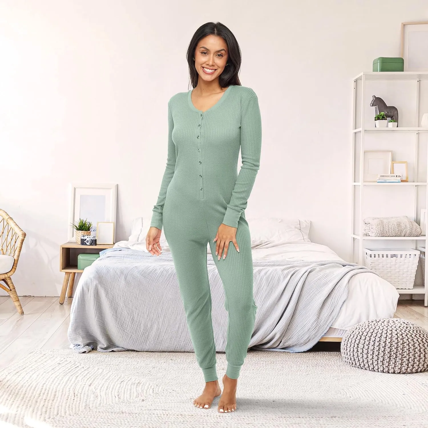 Alexander Del Rossa Women's Button Up Soft Ribbed Waffle Rib Knit Pajamas, Onesie, Jumpsuit, Romper for Adult