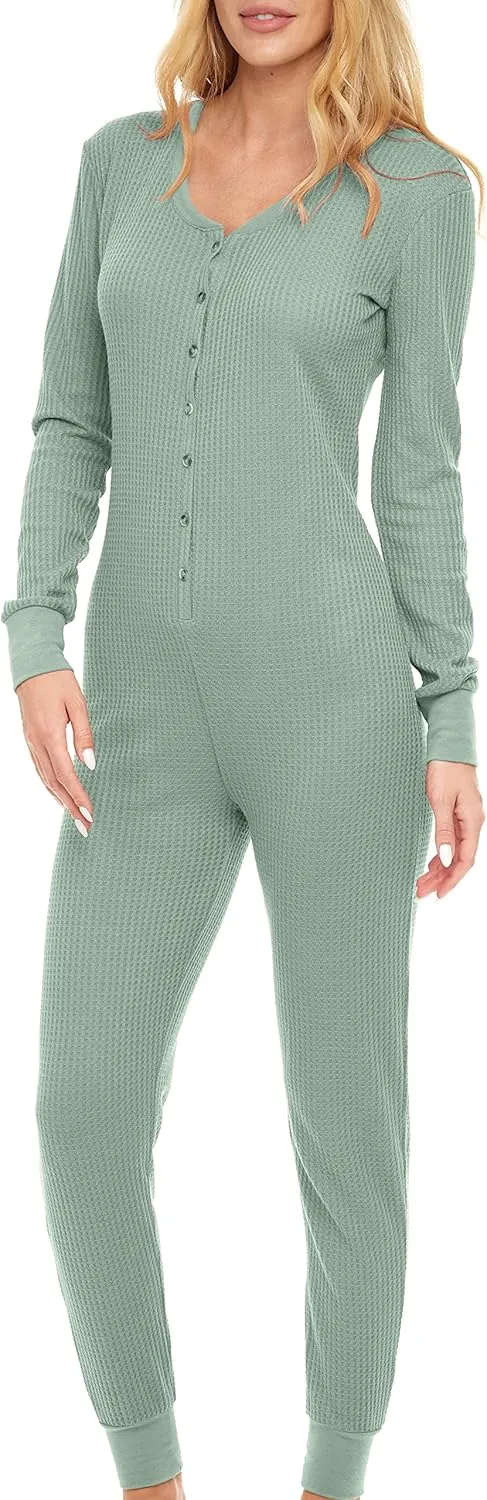Alexander Del Rossa Women's Button Up Soft Ribbed Waffle Rib Knit Pajamas, Onesie, Jumpsuit, Romper for Adult
