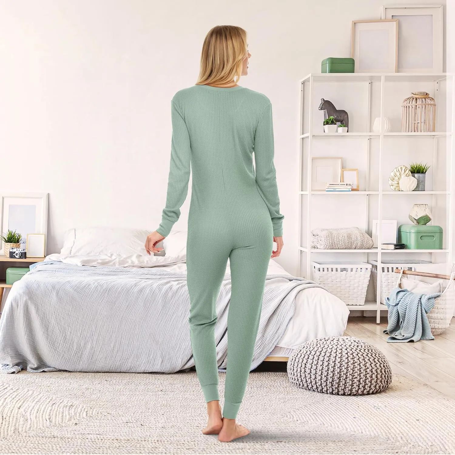 Alexander Del Rossa Women's Button Up Soft Ribbed Waffle Rib Knit Pajamas, Onesie, Jumpsuit, Romper for Adult