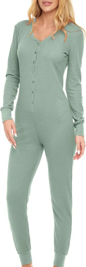 Alexander Del Rossa Women's Button Up Soft Ribbed Waffle Rib Knit Pajamas, Onesie, Jumpsuit, Romper for Adult