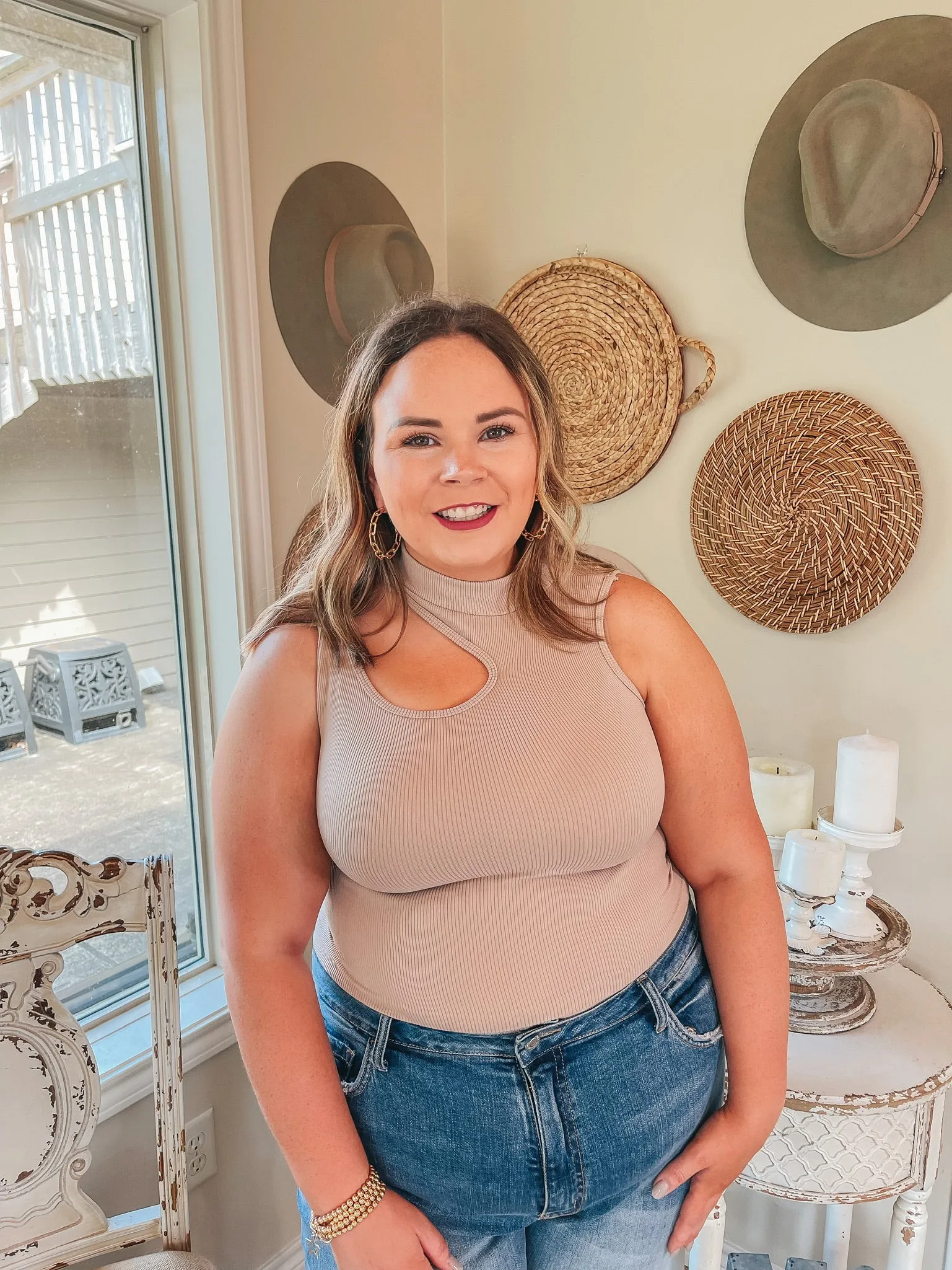 All The Drama Mockneck Cut Out Crop Tank Top in Taupe