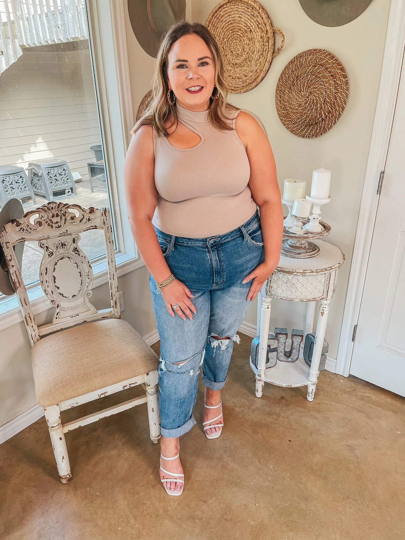 All The Drama Mockneck Cut Out Crop Tank Top in Taupe