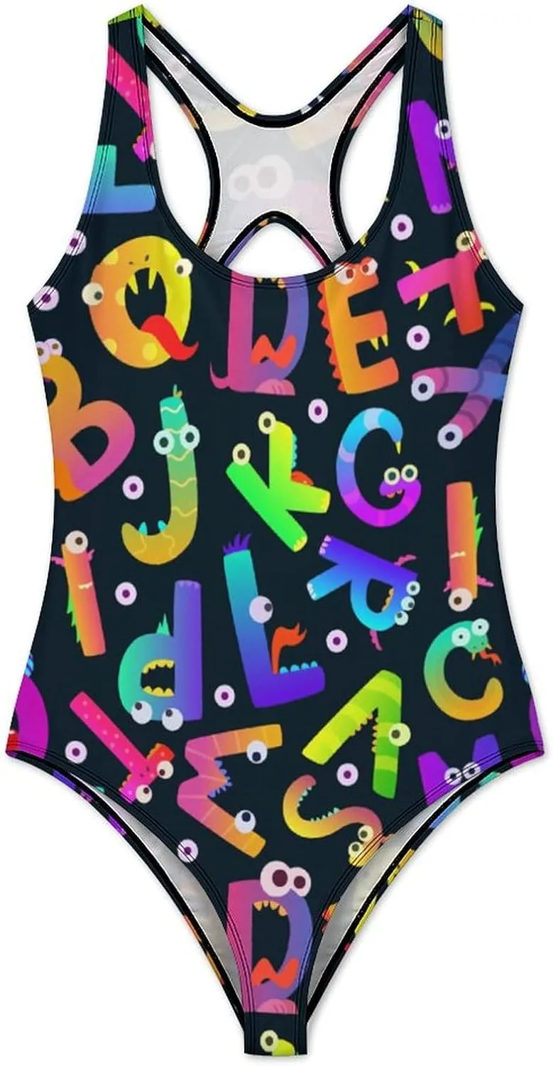 Alphabet Monsters Womens One Piece Swimwear Criss Cross Back Scoop Neck Sweet Tummy Control Bathing Suit