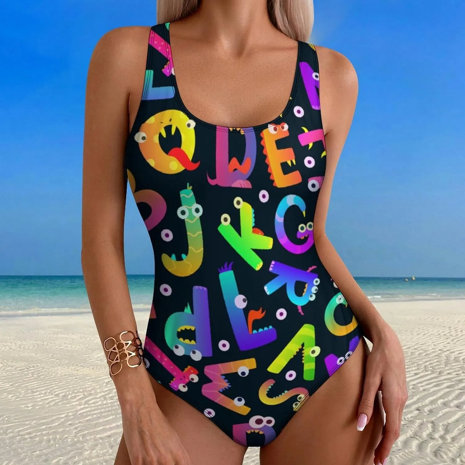 Alphabet Monsters Womens One Piece Swimwear Criss Cross Back Scoop Neck Sweet Tummy Control Bathing Suit