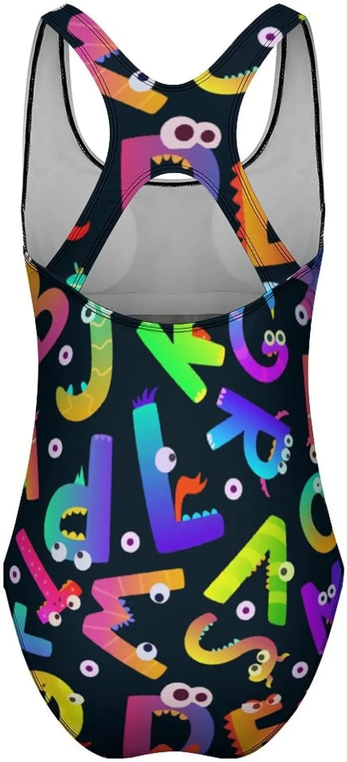 Alphabet Monsters Womens One Piece Swimwear Criss Cross Back Scoop Neck Sweet Tummy Control Bathing Suit