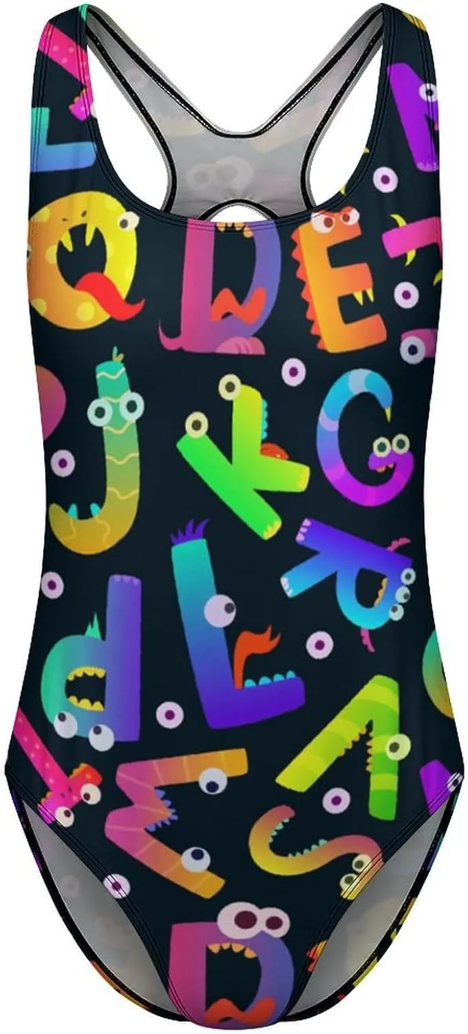 Alphabet Monsters Womens One Piece Swimwear Criss Cross Back Scoop Neck Sweet Tummy Control Bathing Suit