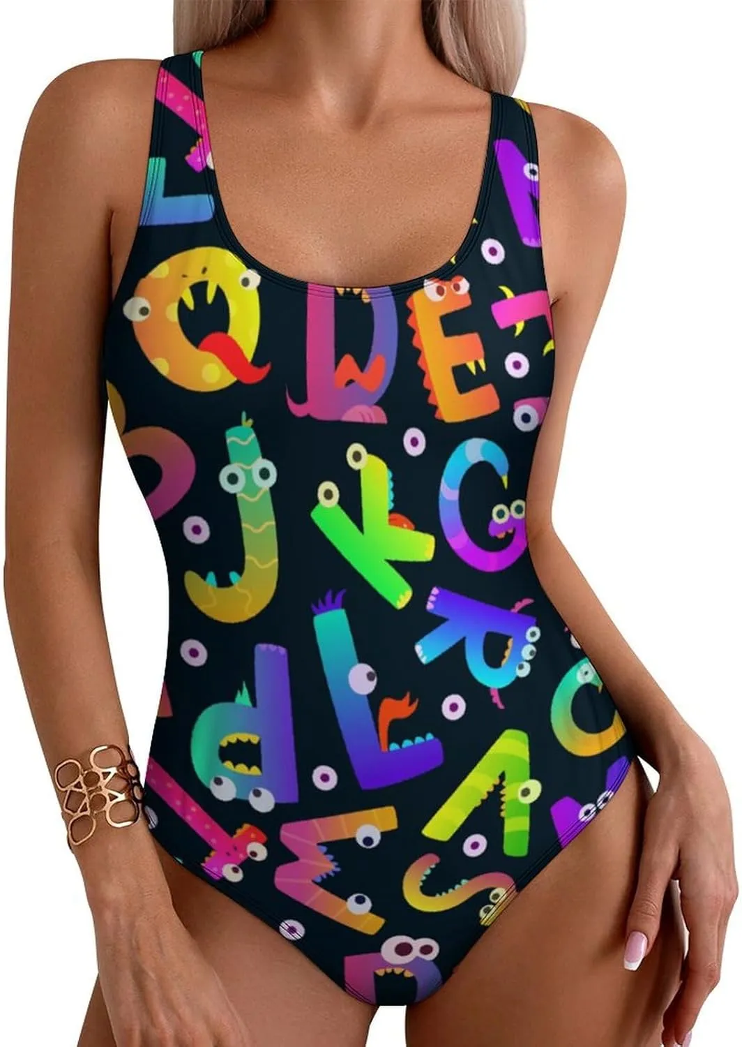 Alphabet Monsters Womens One Piece Swimwear Criss Cross Back Scoop Neck Sweet Tummy Control Bathing Suit