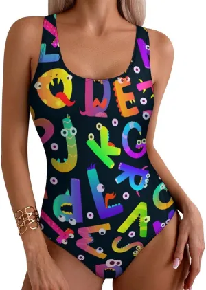 Alphabet Monsters Womens One Piece Swimwear Criss Cross Back Scoop Neck Sweet Tummy Control Bathing Suit