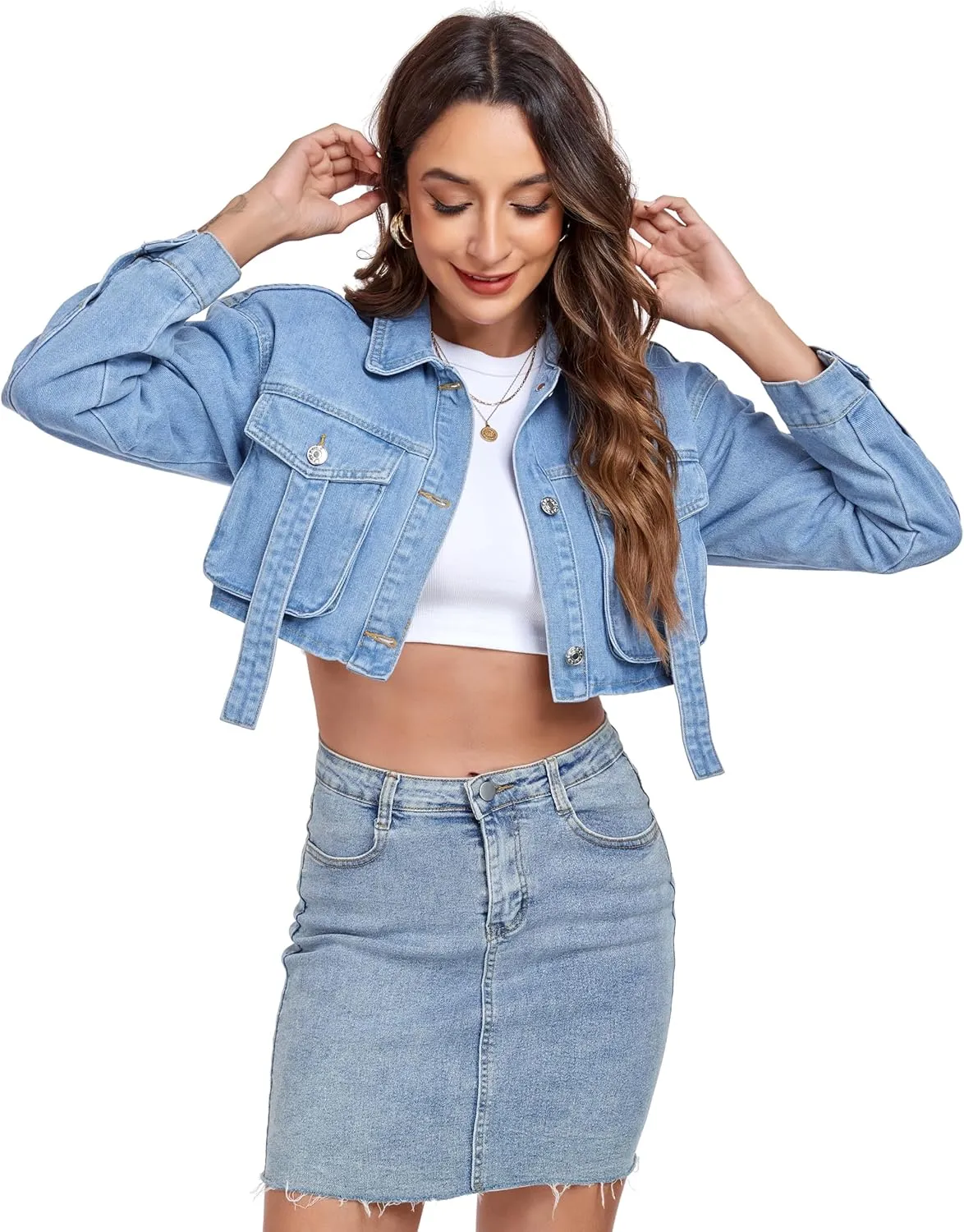 Anienaya Women's Cropped Denim Jacket Washed Cropped Y2K Cargo Short Jean Jacket with Pockets