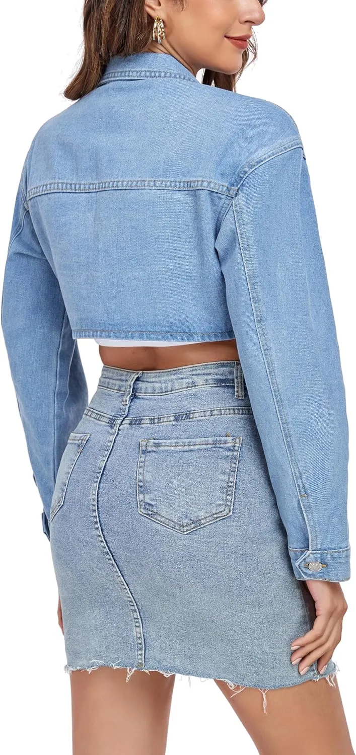 Anienaya Women's Cropped Denim Jacket Washed Cropped Y2K Cargo Short Jean Jacket with Pockets