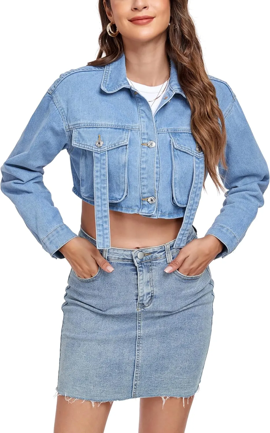 Anienaya Women's Cropped Denim Jacket Washed Cropped Y2K Cargo Short Jean Jacket with Pockets