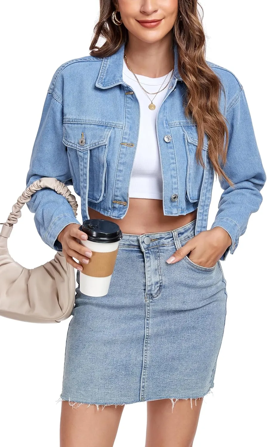 Anienaya Women's Cropped Denim Jacket Washed Cropped Y2K Cargo Short Jean Jacket with Pockets