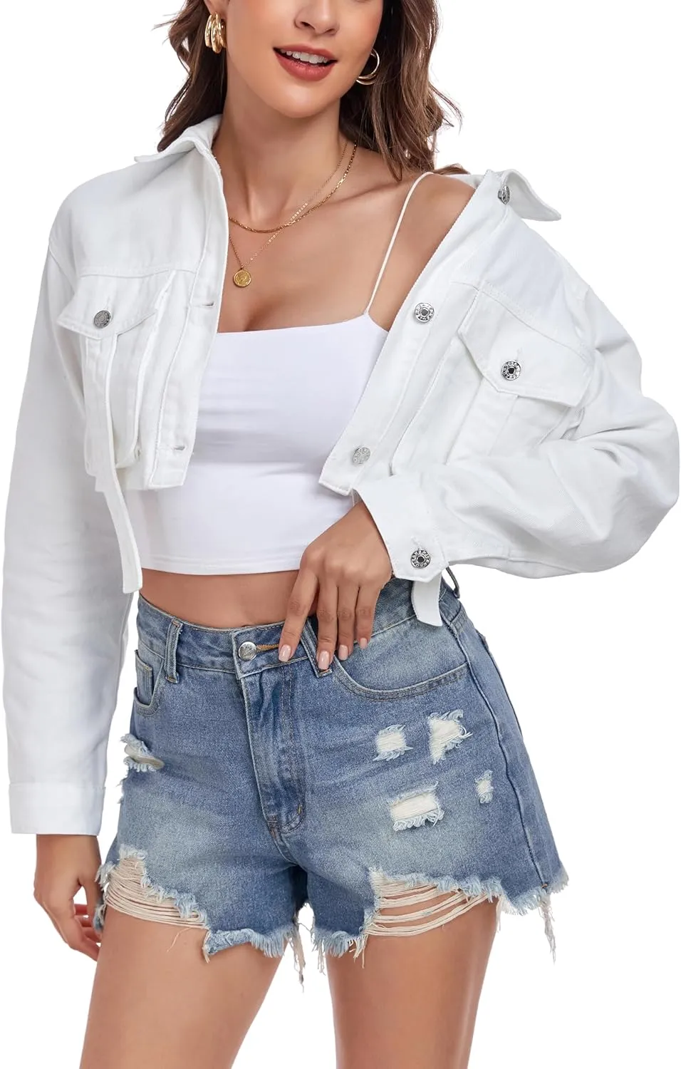 Anienaya Women's Cropped Denim Jacket Washed Cropped Y2K Cargo Short Jean Jacket with Pockets