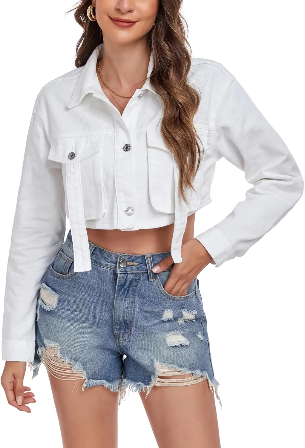 Anienaya Women's Cropped Denim Jacket Washed Cropped Y2K Cargo Short Jean Jacket with Pockets