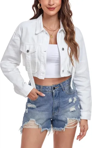 Anienaya Women's Cropped Denim Jacket Washed Cropped Y2K Cargo Short Jean Jacket with Pockets