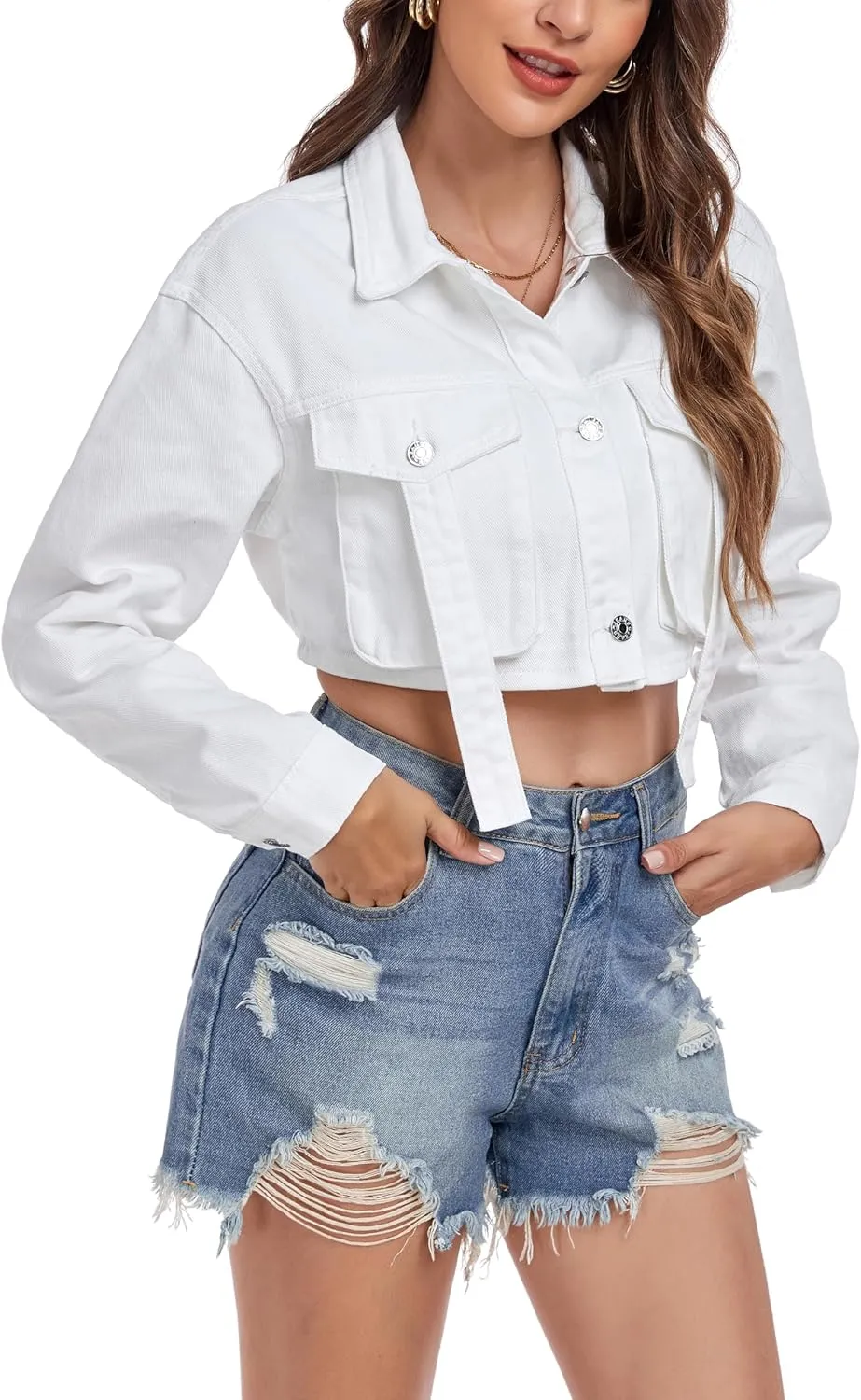 Anienaya Women's Cropped Denim Jacket Washed Cropped Y2K Cargo Short Jean Jacket with Pockets