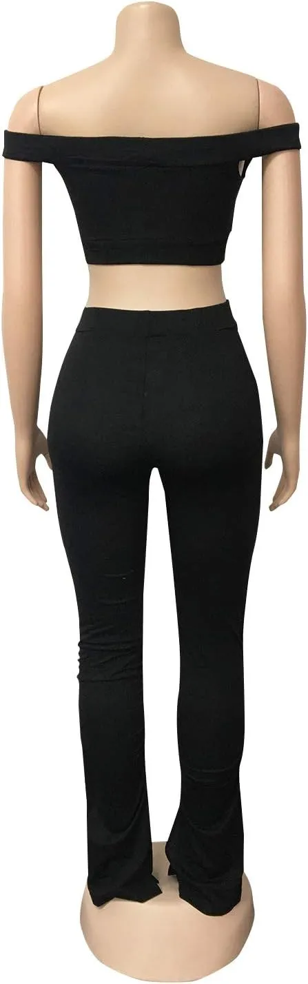 Annystore Women's Sexy 2 Piece Outfits Clubwear Off Shoulder Tube Crop Tops   Split Bodycon Long Pants Set Tracksuit
