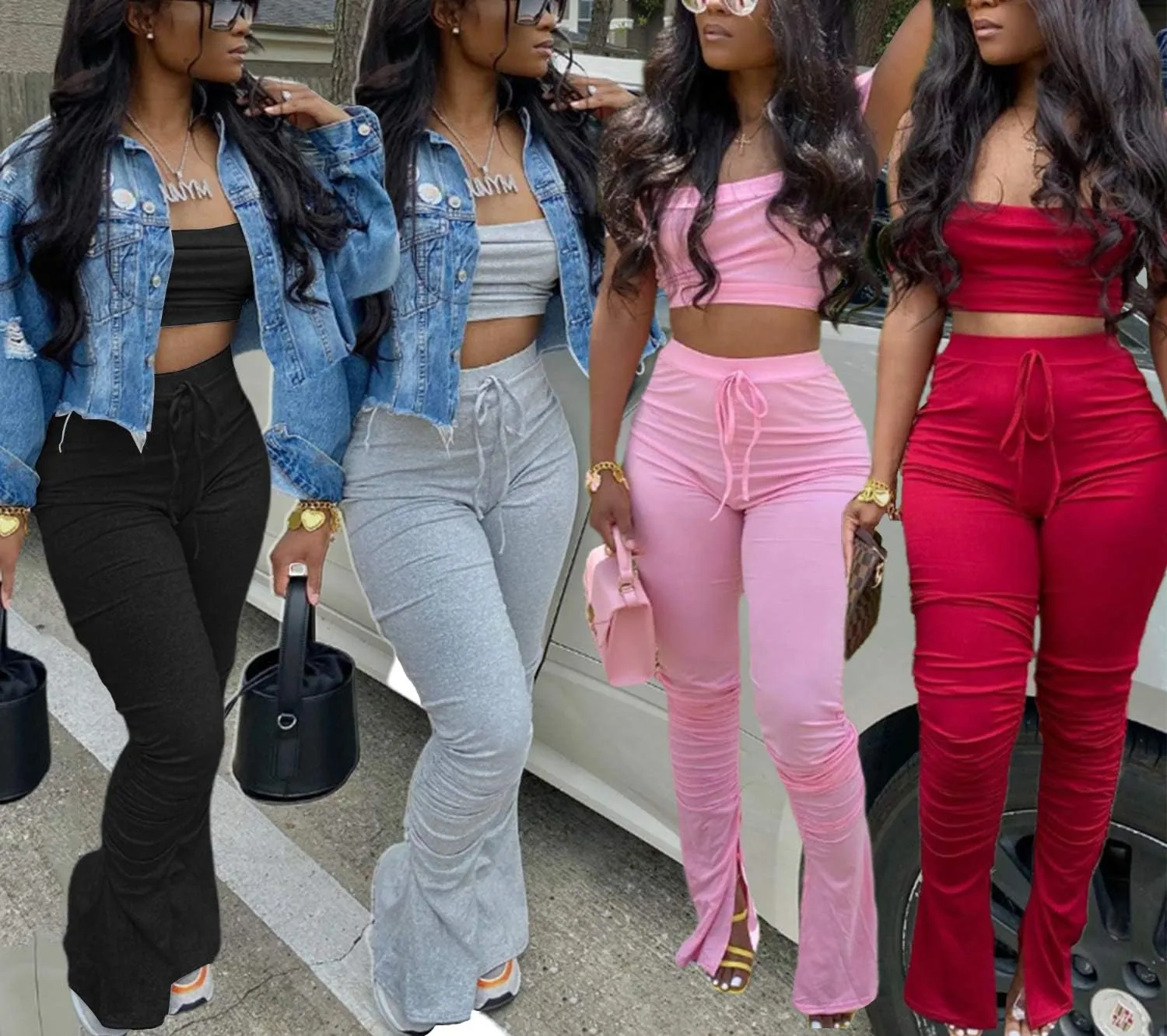 Annystore Women's Sexy 2 Piece Outfits Clubwear Off Shoulder Tube Crop Tops   Split Bodycon Long Pants Set Tracksuit