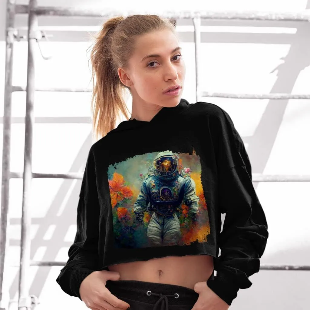 Astronaut Colors Women's Cropped Fleece Hoodie - Fantasy Cropped Hoodie for Women - Graphic Hooded Sweatshirt