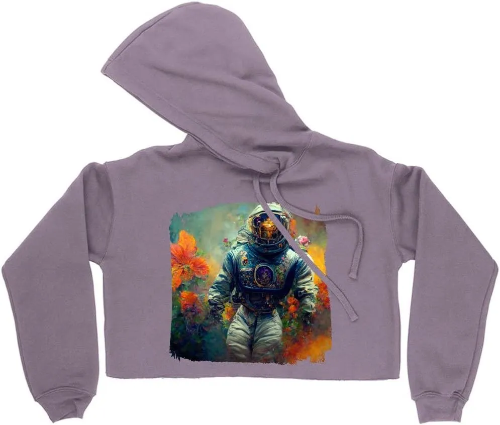 Astronaut Colors Women's Cropped Fleece Hoodie - Fantasy Cropped Hoodie for Women - Graphic Hooded Sweatshirt